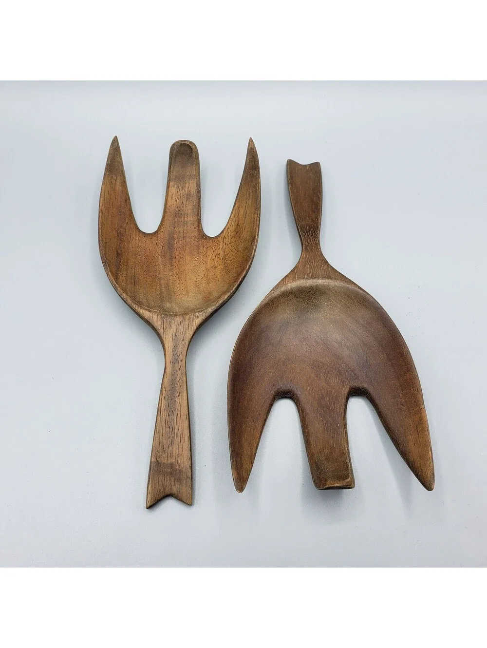 MCM Wood Fork Salad Serving Utensils Carved Wide Scoop Made in Haiti Set of 2